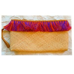 Trina Turk Woven Straw Clutch Purple Orange Fringe Trim Zipper Closure Wristlet